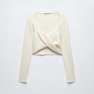 Zara Wrap Crop Top with V-neckline and Long Sleeves in Ecru white
